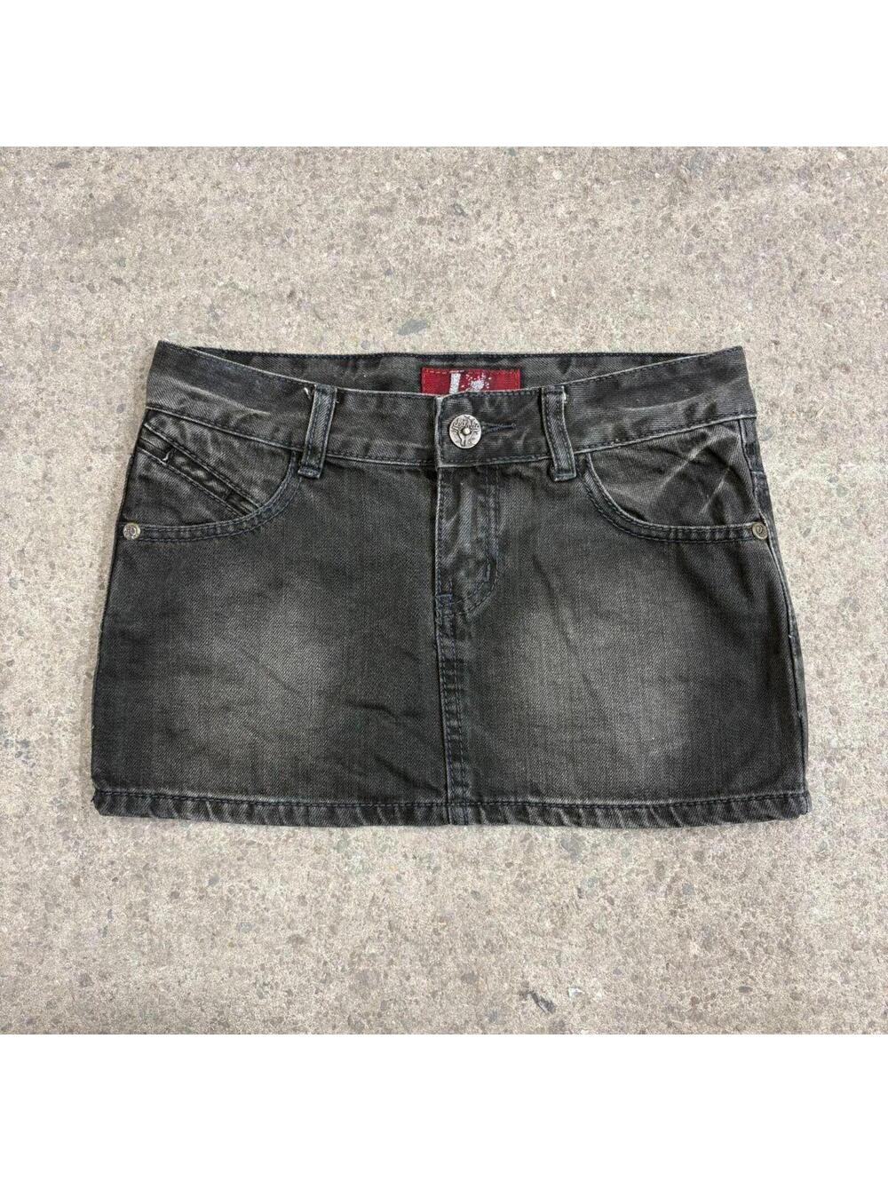 Vintage Y2K Denim Micro Mini Skirt Low Rise Black Faded Star Pocket